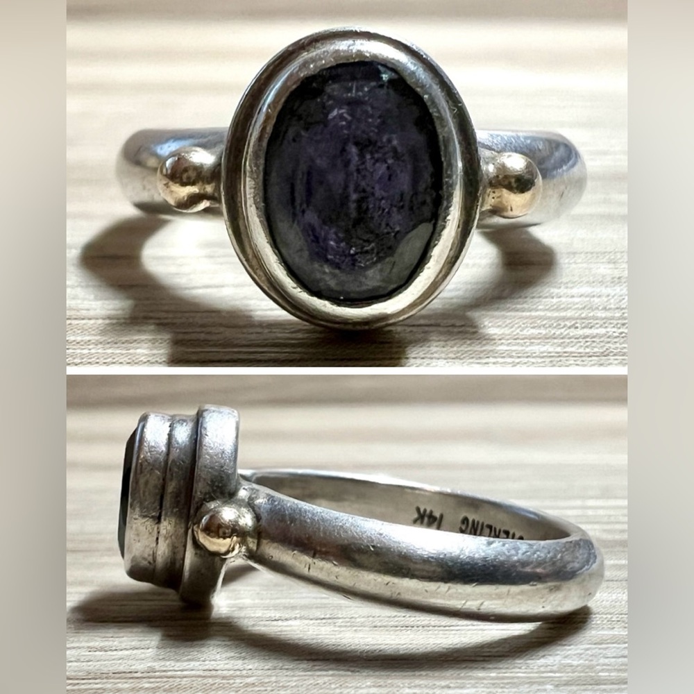 Designer Signed Reve Sterling Silver & 14k Yellow Gold Amethyst Ring, Size 7